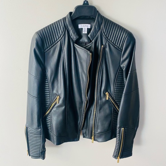 Calvin Klein black faux leather moto jacket (Size: M) - Picture 1 of 6